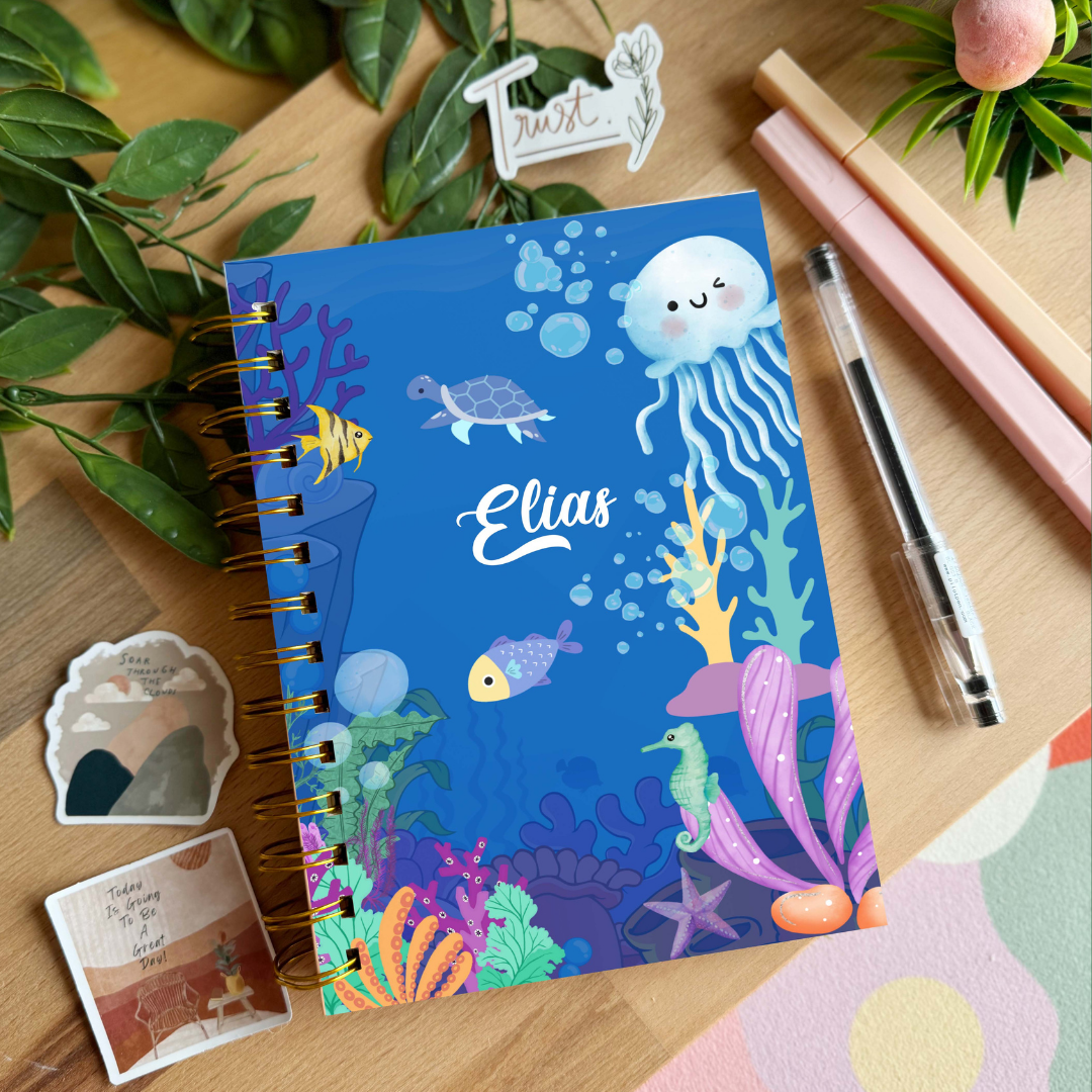 🌊 Personalized Underwater Kids Journal with Stickers – Back-to-School Notebook