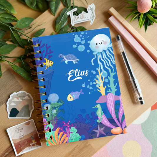 🌊 Personalized Underwater Kids Journal with Stickers – Back-to-School Notebook
