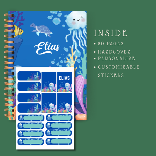 🌊 Personalized Underwater Kids Journal with Stickers – Back-to-School Notebook