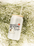 Load image into Gallery viewer, Halloween Ghost Frosted Glass Can • “Broke But Haunting Pumpkin Spice Latte” Cup with Bamboo Lid & Straw • Funny Spooky Season Coffee Tumbler
